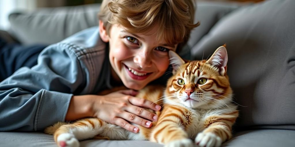 Kind streichelt vorsichtig eine ruhige Hauskatze