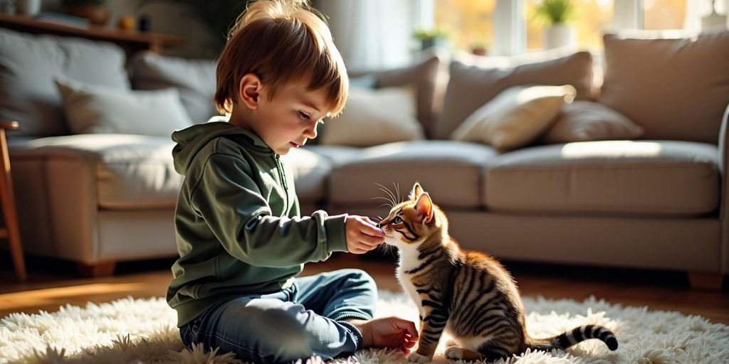 Kind und Katze entspannt nebeneinander auf dem Sofa